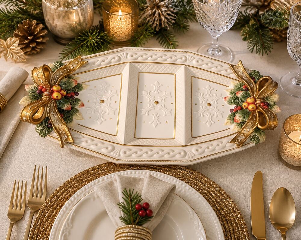 Fitz and Floyd Classics Christmas Snowy Woods 3 Section Holiday Serving Platter